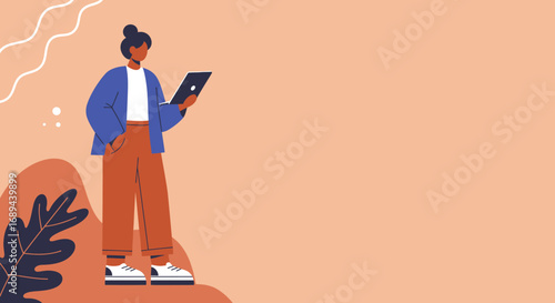 Illustrated woman using a digital tablet in a modern, casual setting, perfect for depicting remote work, creativity, or digital communication concepts.