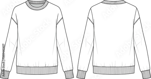 Basic unisex sweatshirt flat sketch front and back view, ribbed cuff and hem CAD fashion design vector apparel template