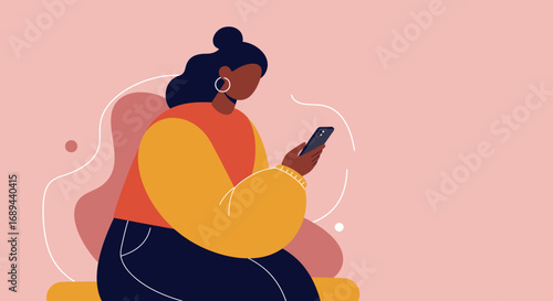Modern illustration of a woman casually using her smartphone, engaged in digital communication, social media, or online browsing. Ideal for technology, lifestyle, and business concepts.