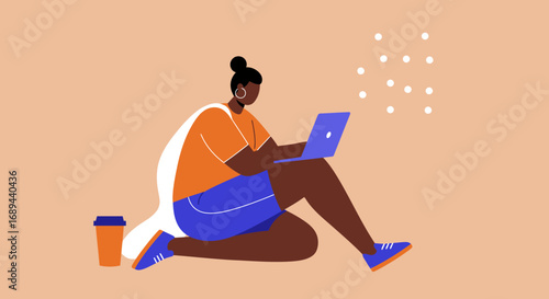 Focused young woman working remotely on her laptop with a coffee, embodying modern productivity and a digital lifestyle. Ideal for business, education, or technology concepts.