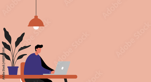 A focused man works efficiently on his laptop at a minimalist home office desk. Ideal for remote work, productivity, freelance, and online learning concepts.