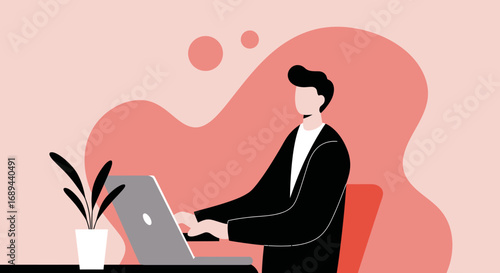 Minimalist illustration of a businessman working on a laptop at a desk, ideal for remote work and digital business concepts.