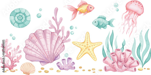 Art & IllustrationUnderwater ocean life illustration with coral, fish, seaweed, seashells, starfish, jellyfish, watercolor marine elements, aquatic decor, reef scene