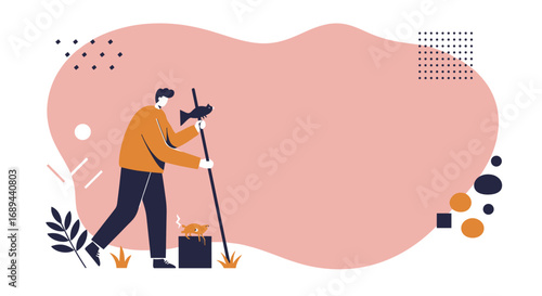 Man walks with a fishing rod, holding a caught fish, while a mouse observes him. Represents achievement, goals, challenges, or unexpected situations in life or business.