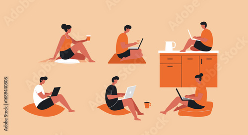 Flexible remote work lifestyle. Diverse people comfortably using laptops at home for business, education, or leisure. Illustrates modern digital nomad concept.