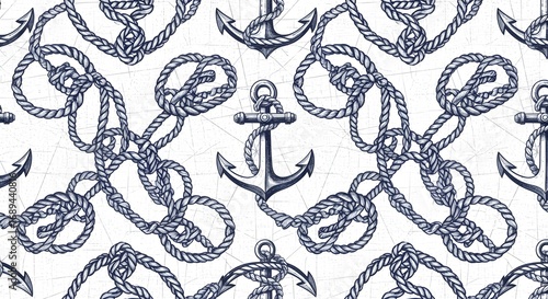 Seamless pattern featuring anchors and ropes on a white background with a subtle map texture