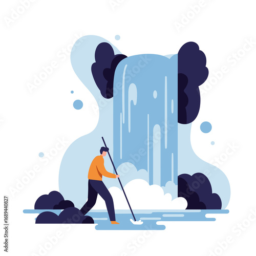 Flat illustration of a man cleaning water at the base of a majestic waterfall. Represents nature protection, purity, and ecological efforts.