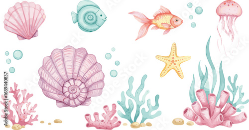 Art & IllustrationUnderwater ocean life illustration with coral, fish, seaweed, seashells, starfish, jellyfish, watercolor marine elements, aquatic decor, reef scene