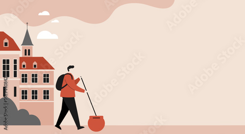 Illustration of a traveler with a backpack and stick, pulling a pot, walking past charming European-style buildings. Represents journey, pilgrimage, or exploration.
