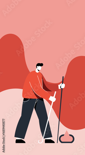 Stylish illustration of a man playing golf, focused on a putt on a minimalist course. Represents leisure, sport, and outdoor hobbies.