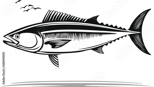 Tuna in Ocean: An exquisite illustration showcasing a vibrant tuna, a symbol of marine life. Witness the powerful elegance of this ocean predator. 