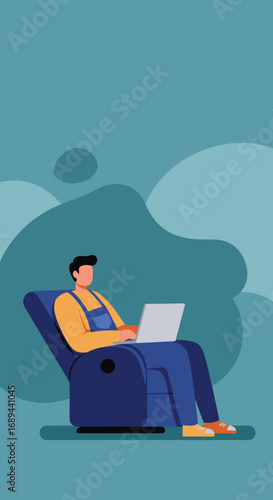 Person relaxing comfortably in a recliner chair, focused on working or studying using a laptop. Depicts remote work, modern lifestyle, and technology.