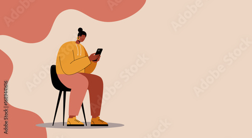 Modern individual casually seated, engrossed in their smartphone. Illustrates digital communication, social networking, and contemporary connected life. Ideal for tech or lifestyle themes.