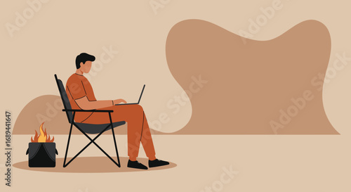 A man works remotely on his laptop from a camping chair with a campfire, embracing a flexible lifestyle or digital nomad concept.