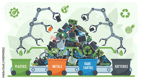 Tech Waste and E Waste Recycling Process, sustainable solutions for electronic waste, vector, illustration, ecofriendly digital art