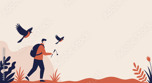 Man with backpack and walking stick hikes outdoors, accompanied by flying birds. Represents adventure, travel, and connecting with nature. Ideal for lifestyle, health, or tourism concepts.