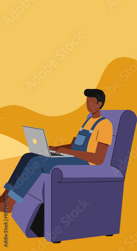 Person comfortably works on a laptop from a purple armchair at home. Ideal for remote work, online learning, or casual productivity.