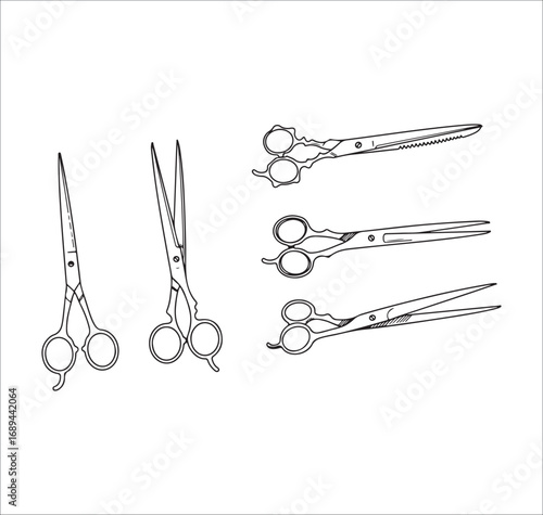 Collection of Hand Drawn Scissors for Hairdressing and Grooming Services Stylized Outline Design for Business Templates and Creative Projects
