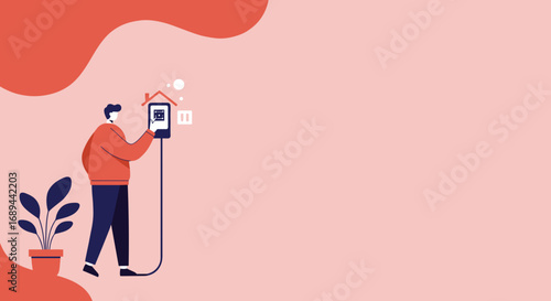 Man controlling smart home devices with a mobile device, depicting modern technology, automation, and a connected lifestyle.