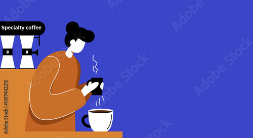 Illustration of a person preparing specialty coffee with precision, capturing the daily ritual and enjoyment of a hot beverage.