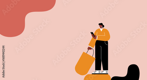 Modern illustration of a woman using her smartphone while holding a shopping bag, depicting online shopping, mobile commerce, communication, and contemporary urban lifestyle.