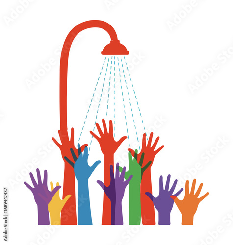 Colorful Hands Reaching for Water from a Shower Head Illustration for Water Conservation Awareness and Hope for Clean Water