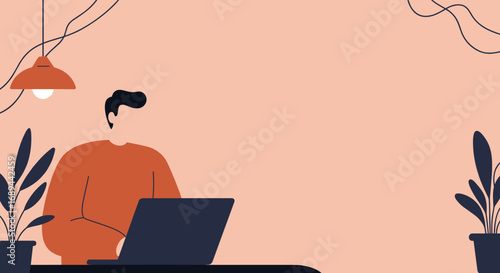 Minimalist illustration of a man working on a laptop at a desk with plants and a hanging lamp, depicting remote work, productivity, and a cozy workspace.