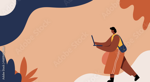 Modern person walking with a laptop, engaged in remote work or online learning. Represents flexibility, connectivity, and digital lifestyle in an abstract, organic setting.