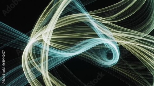 Flowing abstract light trails create a mesmerizing, dynamic wave pattern on a dark background.