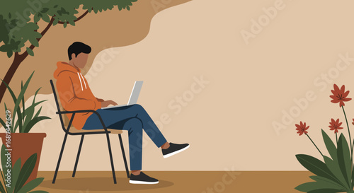 Relaxed person working remotely on a laptop outdoors in a pleasant garden setting. Ideal for modern work-life balance and digital nomad concepts.
