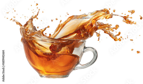 A glass teacup, filled with amber liquid, erupts in a dynamic splash