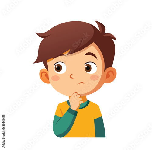 Thoughtful Young Boy Vector Illustration on White Background.