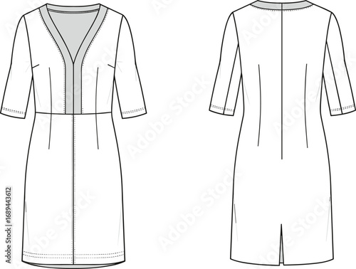 Technical dress flat sketch, front and back view, half sleeve, V-neck design, tailored fit, vector fashion CAD drawing illustration