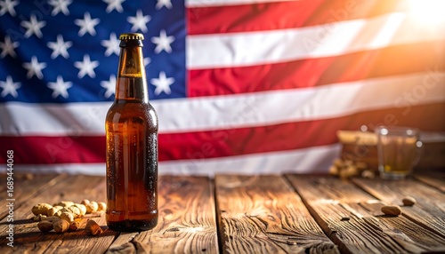 Beer bottle on wooden table with American flag backdrop