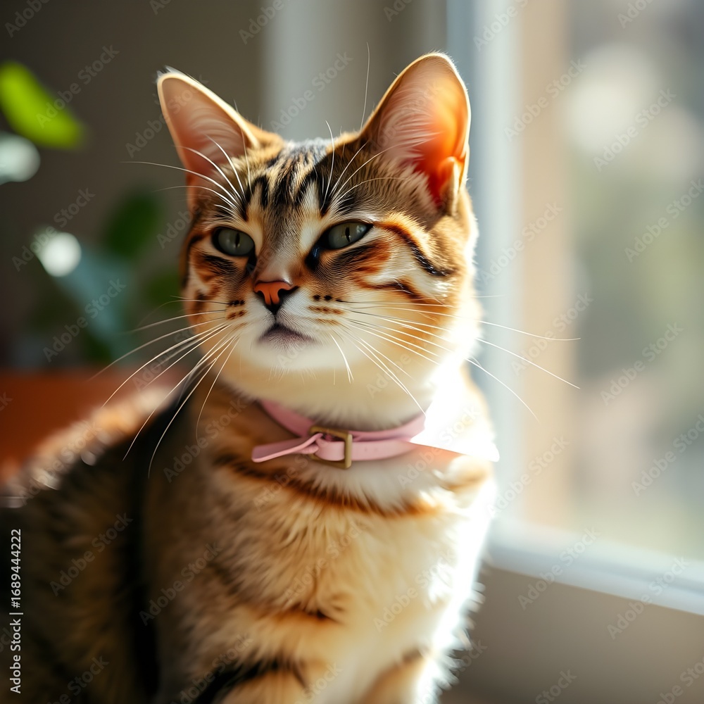Naklejka premium portrait of a cat with a pink collar