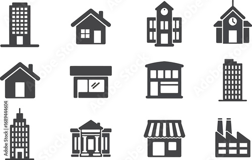 Collection of twelve diverse building icons representing residential commercial and industrial structures