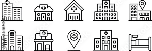 Collection of simple line art icons representing hospitals clinics and medical facilities with a bed