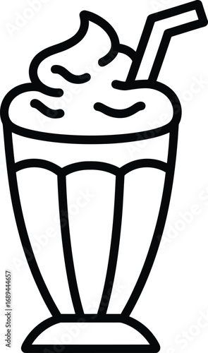 Simple black and white line drawing of a creamy milkshake with a straw in a tall glass