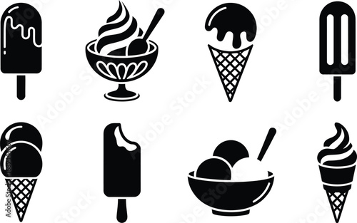 Collection of black and white ice cream icons and illustrations on a white background