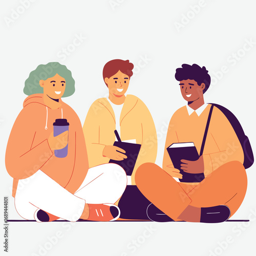 Three diverse students sit on the grass, sharing ideas and studying together—showcasing friendship, collaboration, and youthful energy in a bright, inclusive illustration