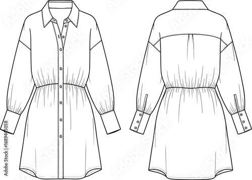 Shirt dress flat sketch, button-down design, long sleeve with cuff, fashion cad template, vector illustration, cad drawing flat vector illustration