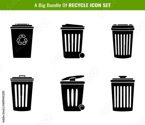 Recycle Bin Icon Set in Black and White Simple Style Silhouette