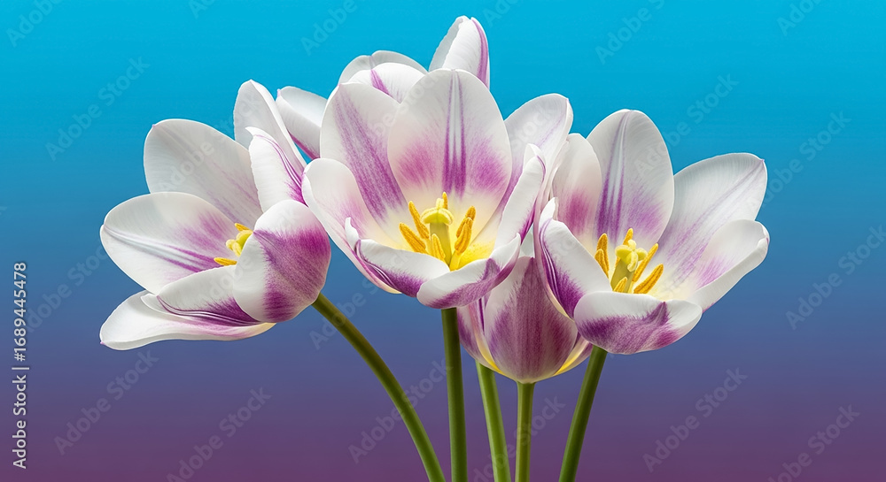 Fototapeta premium White and purple tulips blooming on blue and purple gradient background