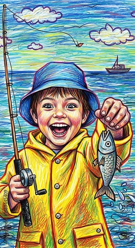 A joyful child, dressed in a bright yellow raincoat and blue hat, holds a fish caught on a fishing rod against a vibrant seascape, showcasing a happy, colorful illustration.