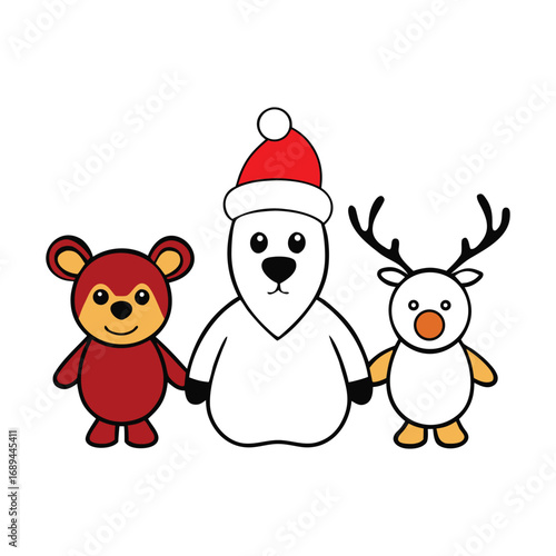 Cute Christmas Animals Bear Polar Bear with Santa Hat and Reindeer Vector illustration.