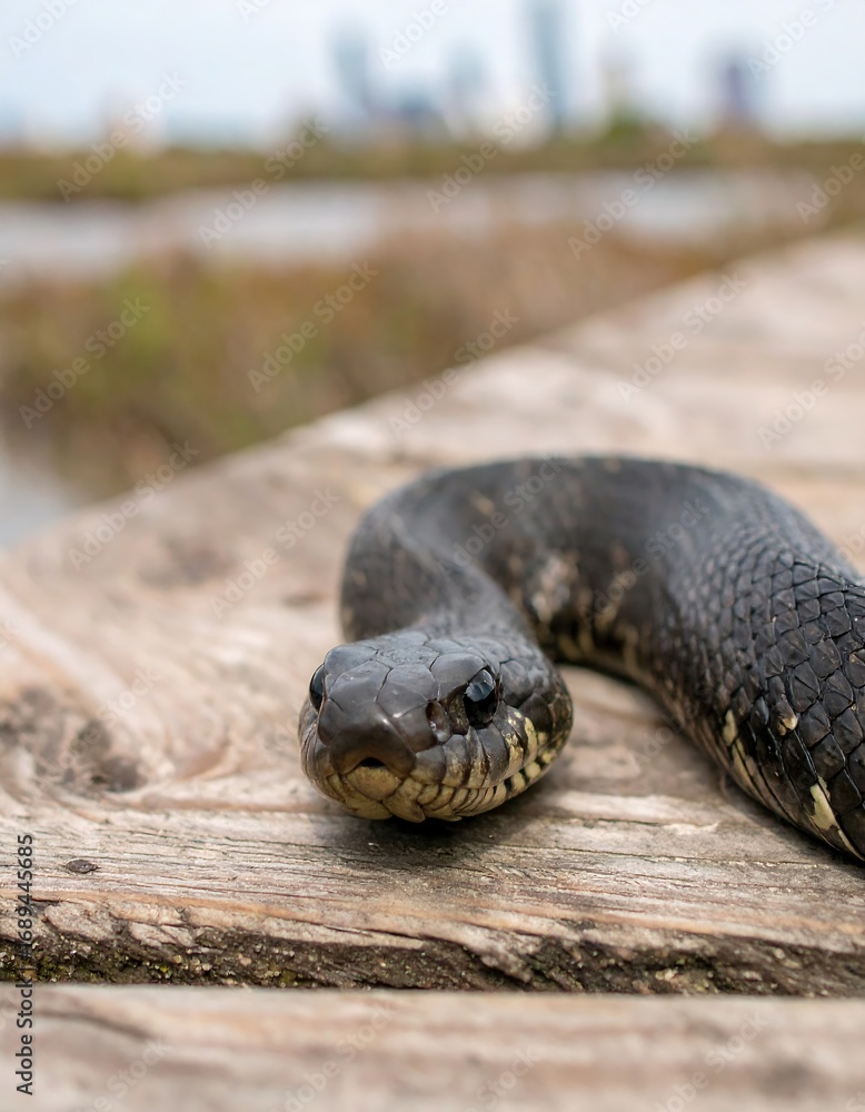 Fototapeta premium Snake on a wooden boardwalk