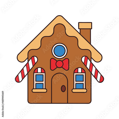 Cute Gingerbread House with Candy Cane and Christmas Decoration Vector illustration.