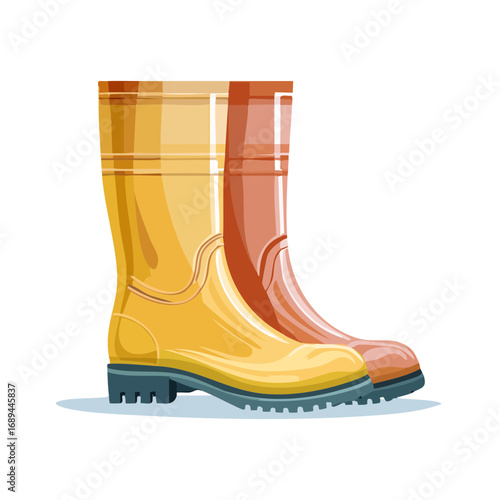 Yellow and Brown Rubber Rain Boots Pair Waterproof Footwear Illustration Style