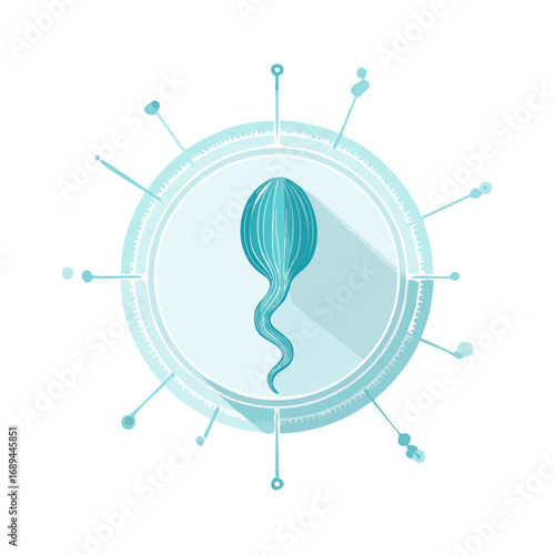 Stylized blue sperm cell on an abstract circular badge for reproductive health concept