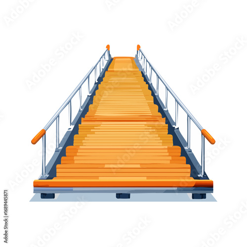 Ascending Wooden Steps with Metal Railings Perspective Isolated on Black Background